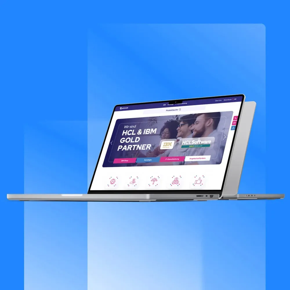 Laptop mockup of the “HCL & IBM Gold Partner” landing page on a blue background