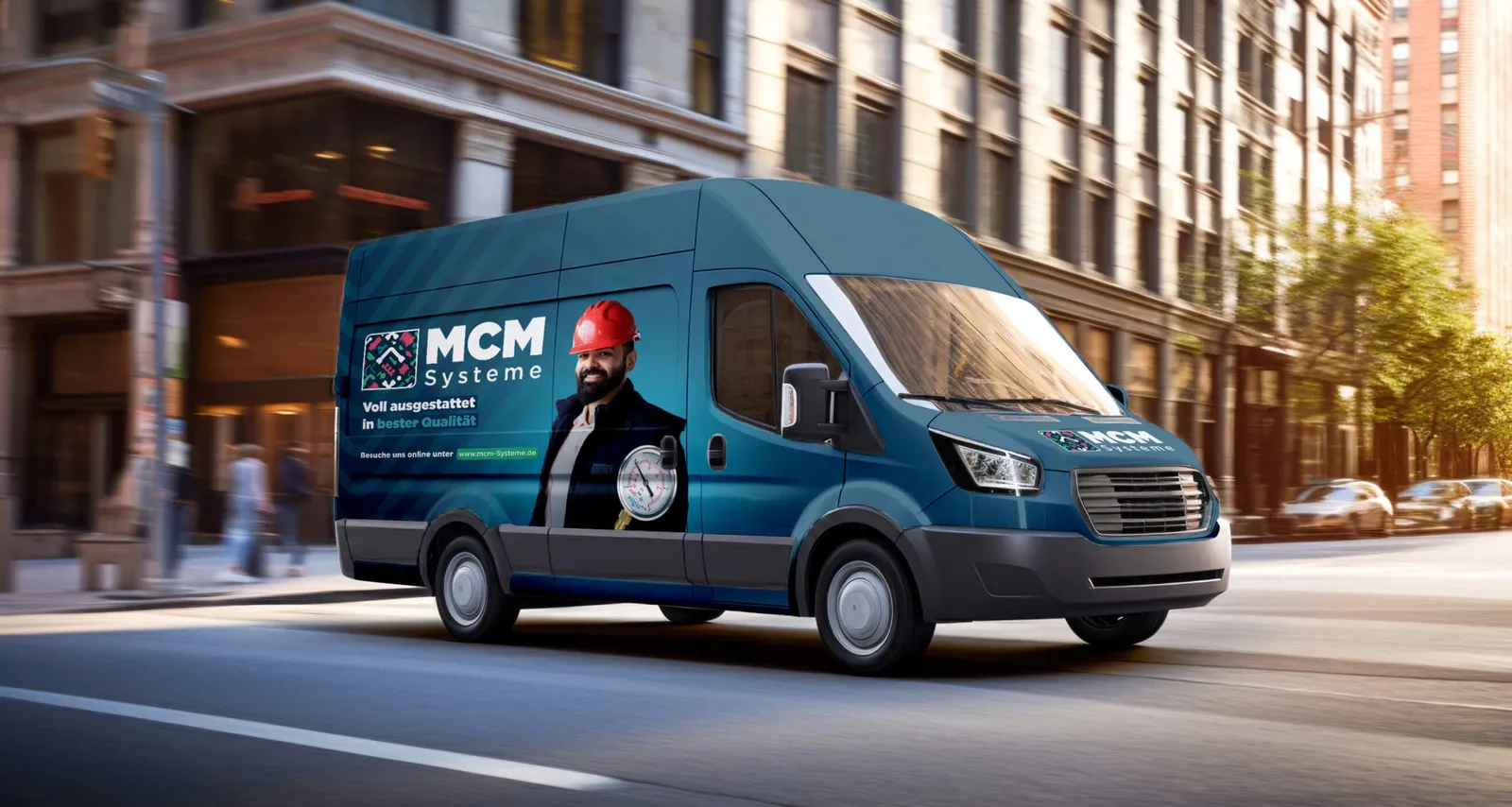 Van with vehicle graphics: the logo and a tradesman in a red helmet