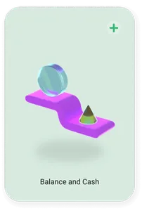 Icon card “Balance and Cash” with a violet ramp and a colored cone