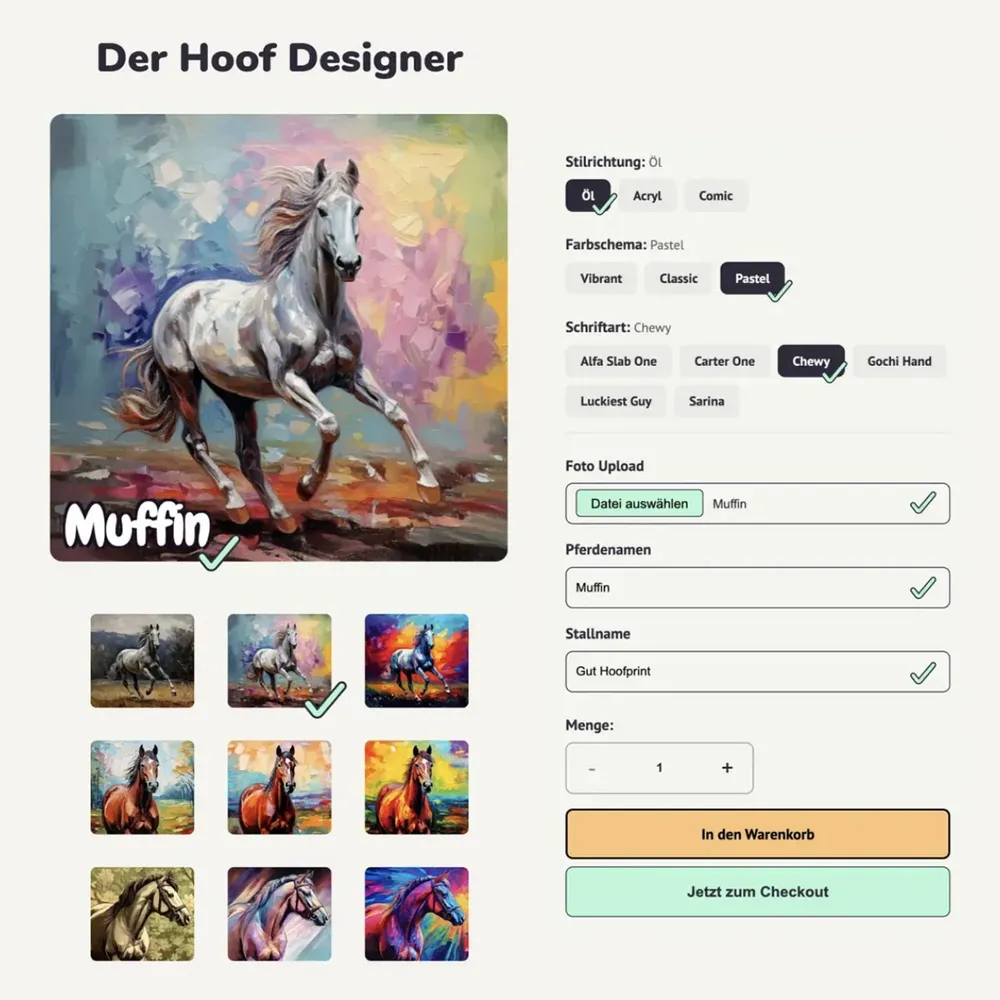 Interface of the Hoof Designer: the preview of the artwork on the left, the choice of style, color scheme and typeface on the right