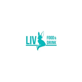 Logo variant for the Liv Dining Club: turquoise LIV wordmark with fox silhouette and underlined “Food & Drink”, on white