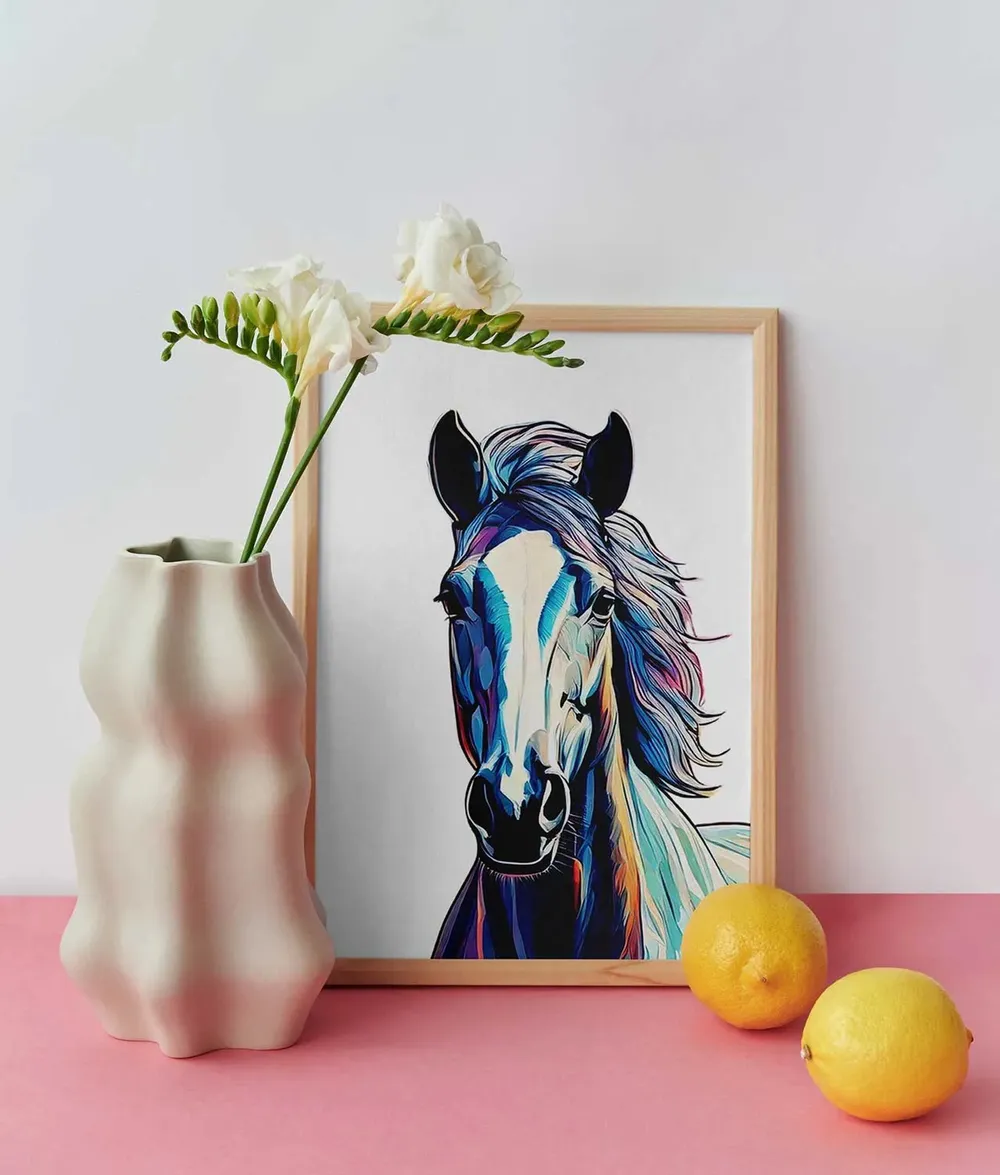 Framed horse picture next to a vase of white blossoms