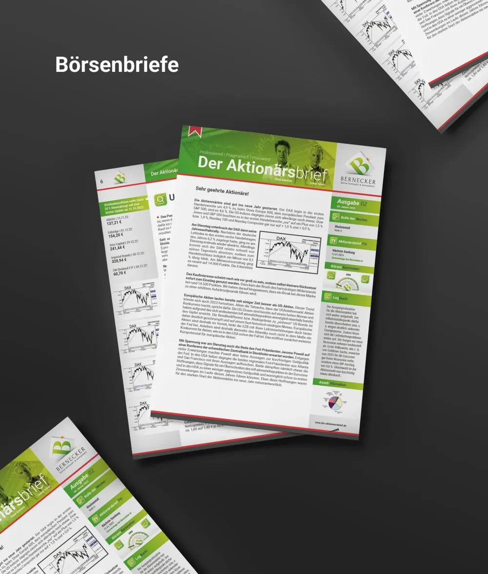 Several issues of the Aktionärsbrief in the new layout, fanned out on a dark background