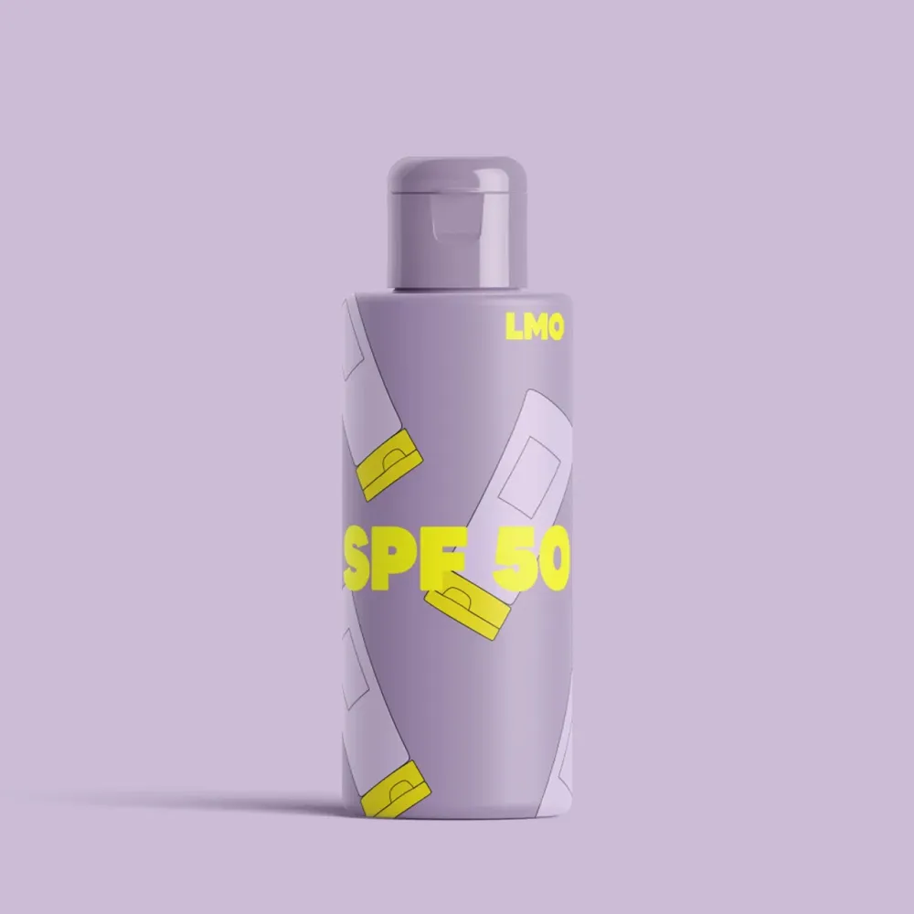 Lilac “SPF 50” bottle with yellow lettering