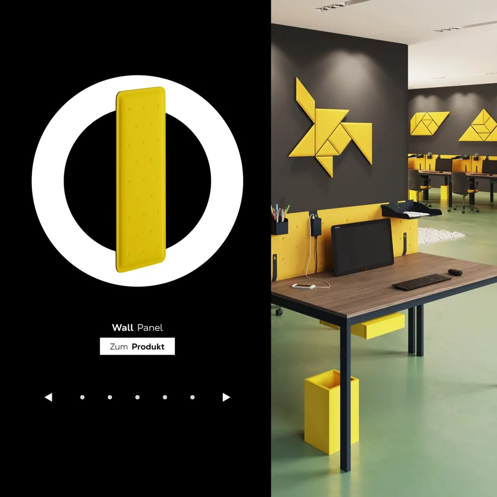 An office with yellow acoustic elements on the wall and at the workstation