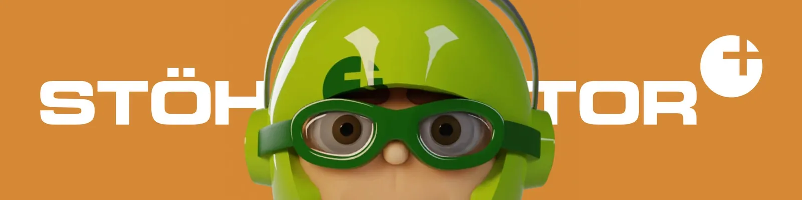 The 3D character Mio in a green helmet peers out from behind the “Stöhr Faktor” lettering