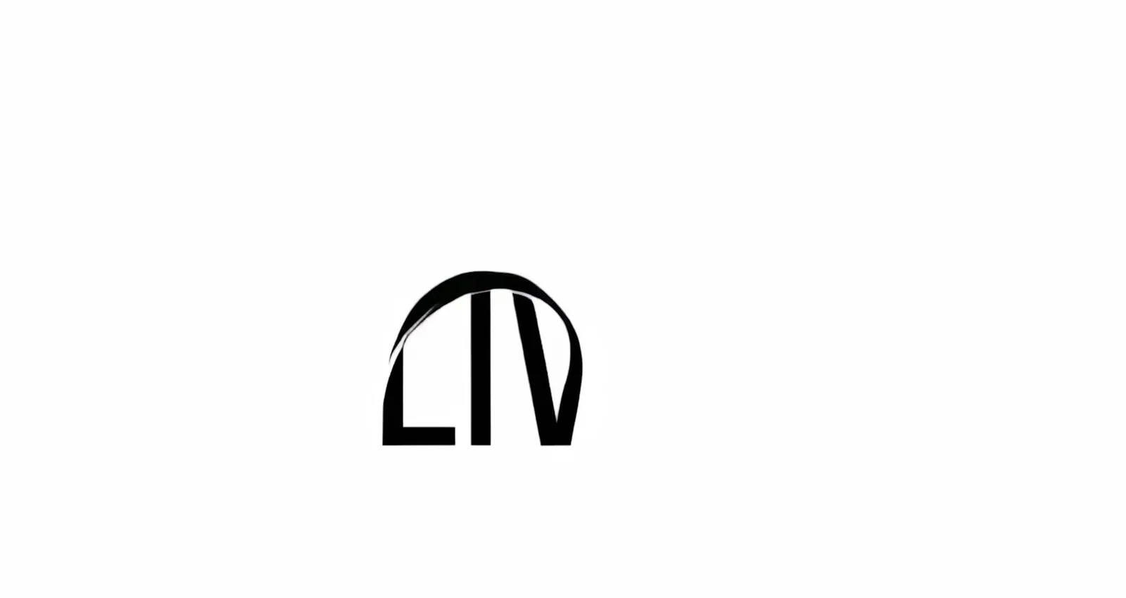 Animation in which the LIV wordmark builds up out of a curved black arc