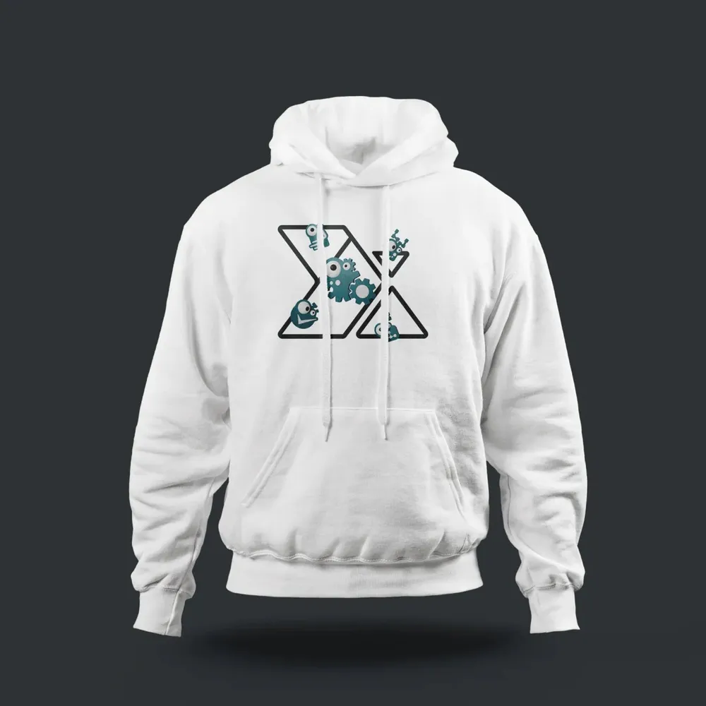 A white hoodie with the mark and small monsters on the chest
