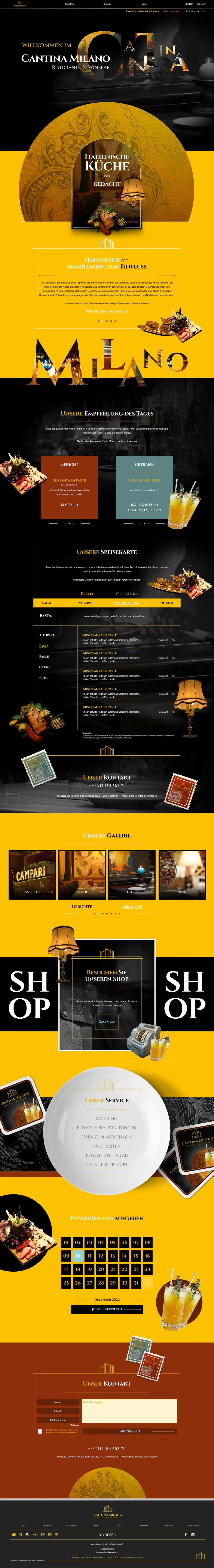The discarded draft in full length: a home page in yellow and black with a large “Milano” wordmark, a shop section and a contact area
