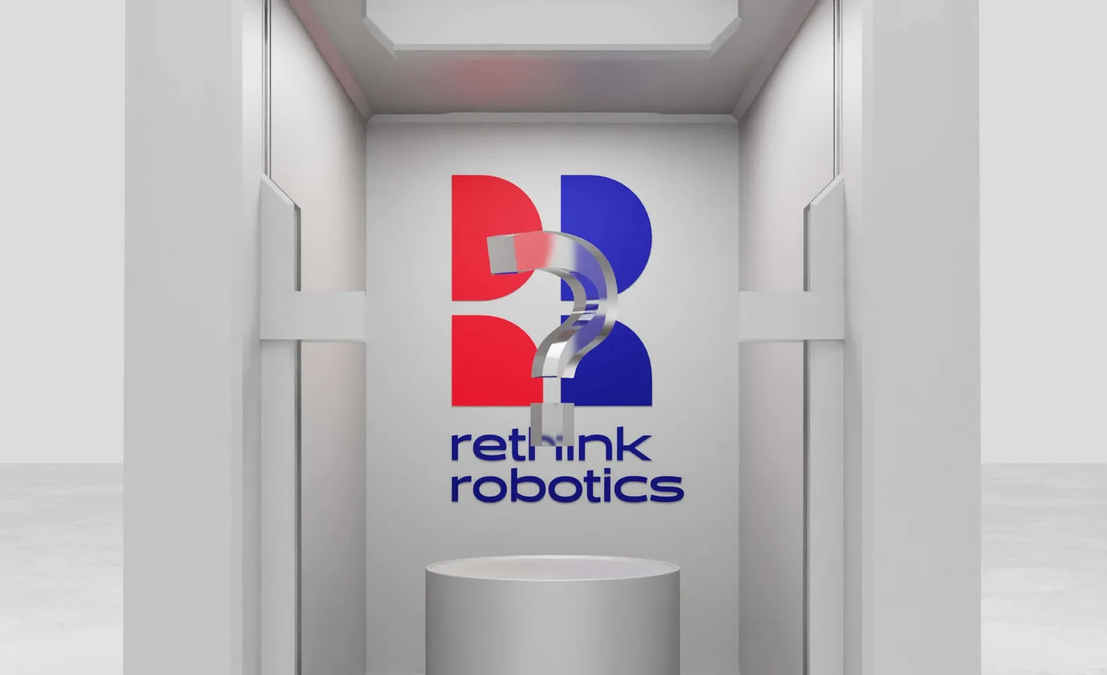 Die geöffnete Box, innen das Rethink-Robotics-Logo über einem leeren Podest