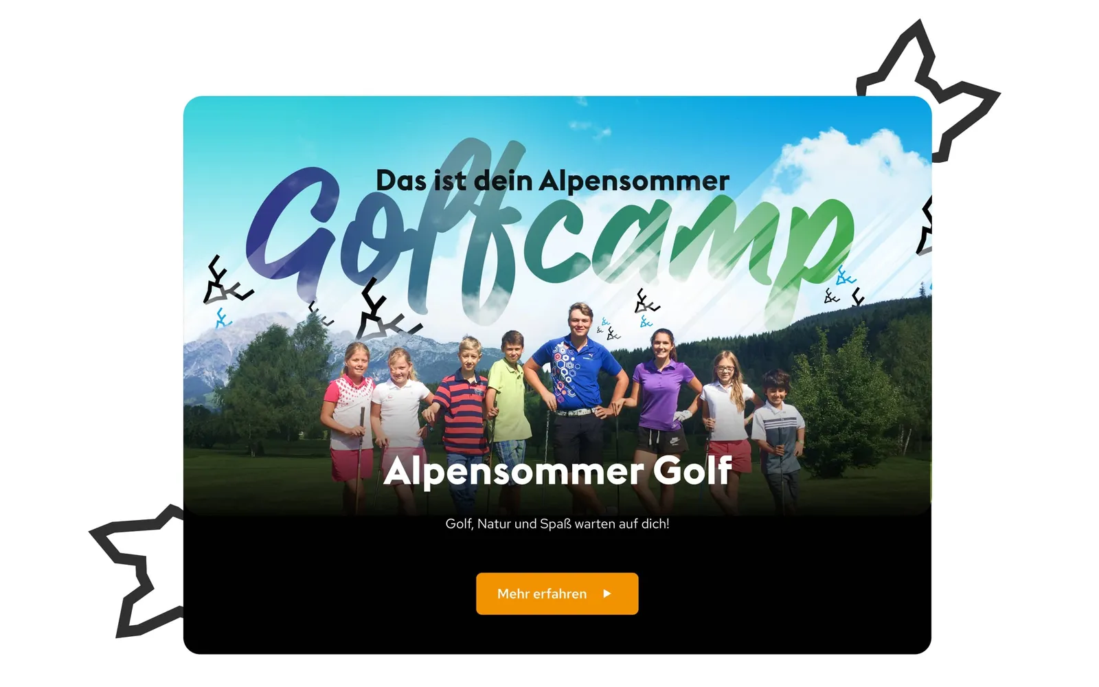 Card design “Golfcamp” with teenagers on the green