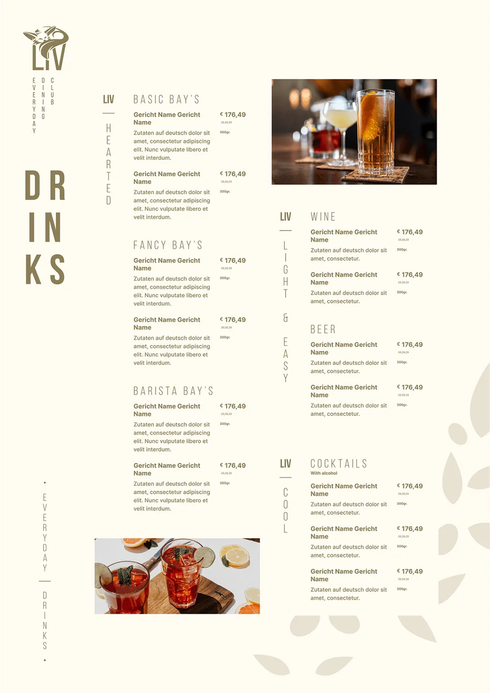 Open drinks menu with the chapters Basic Bar’s, Fancy Bar’s, Barista Bar’s, Wine, Beer and Cocktails