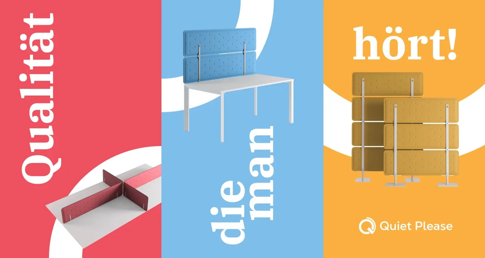 Three advertising motifs in red, blue and yellow: “Quality you can hear!”