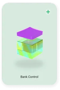 Icon card “Bank Control” with a violet lid above a glass cube