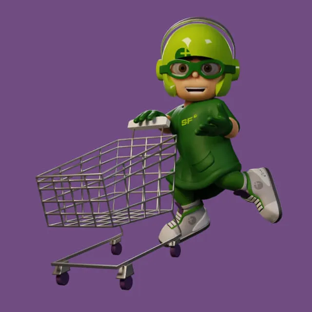Mio pushes a shopping cart, on a violet background