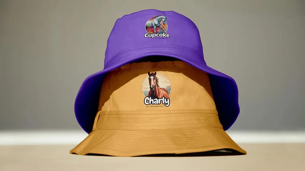 Reversible bucket hat in violet and ochre with two horse designs