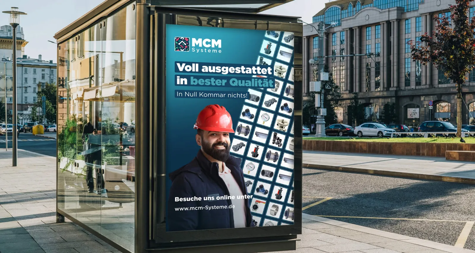 Poster in a bus shelter: “Voll ausgestattet in bester Qualität”