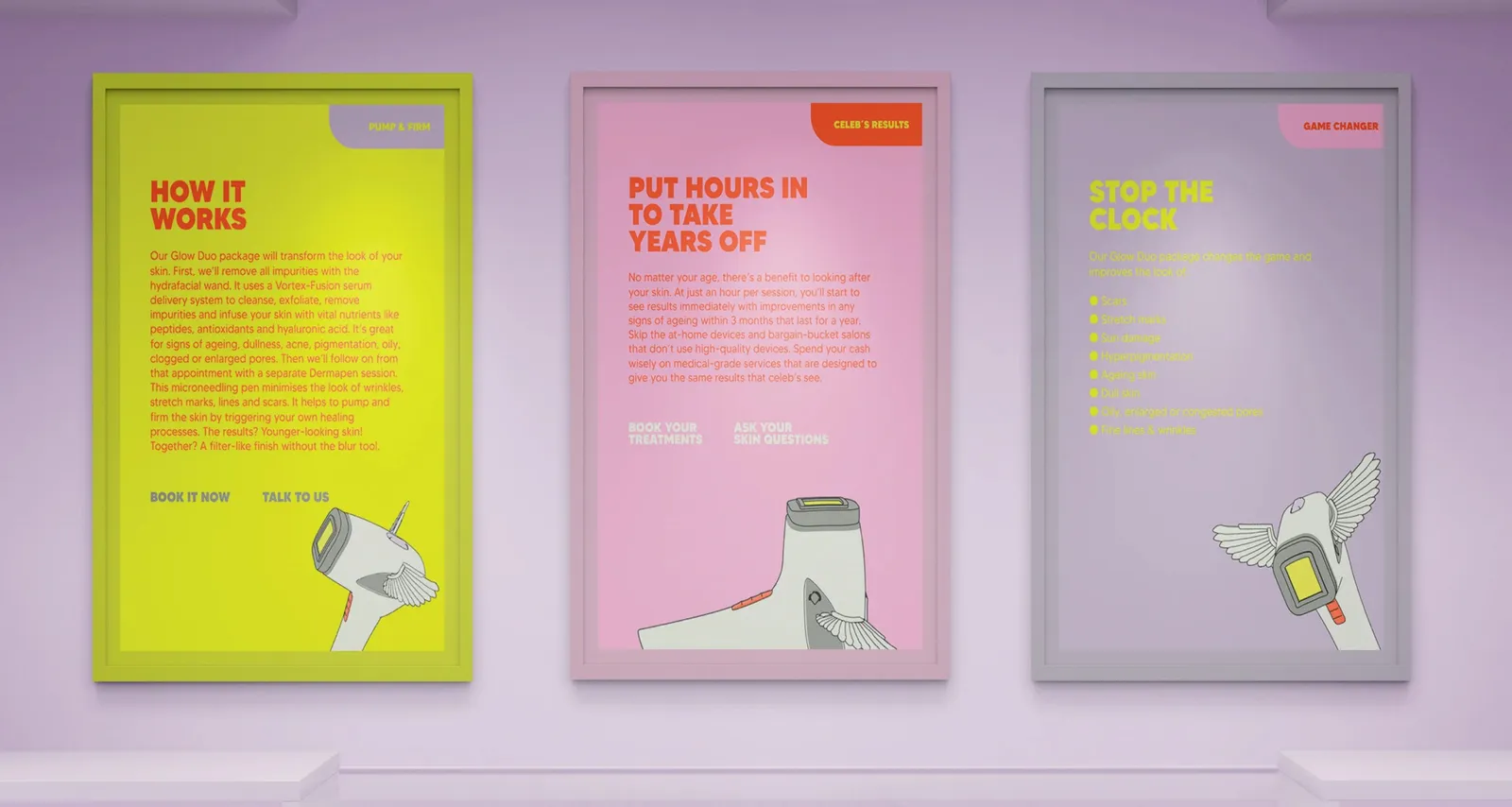 Three framed posters on a lilac wall, each with the winged laser head