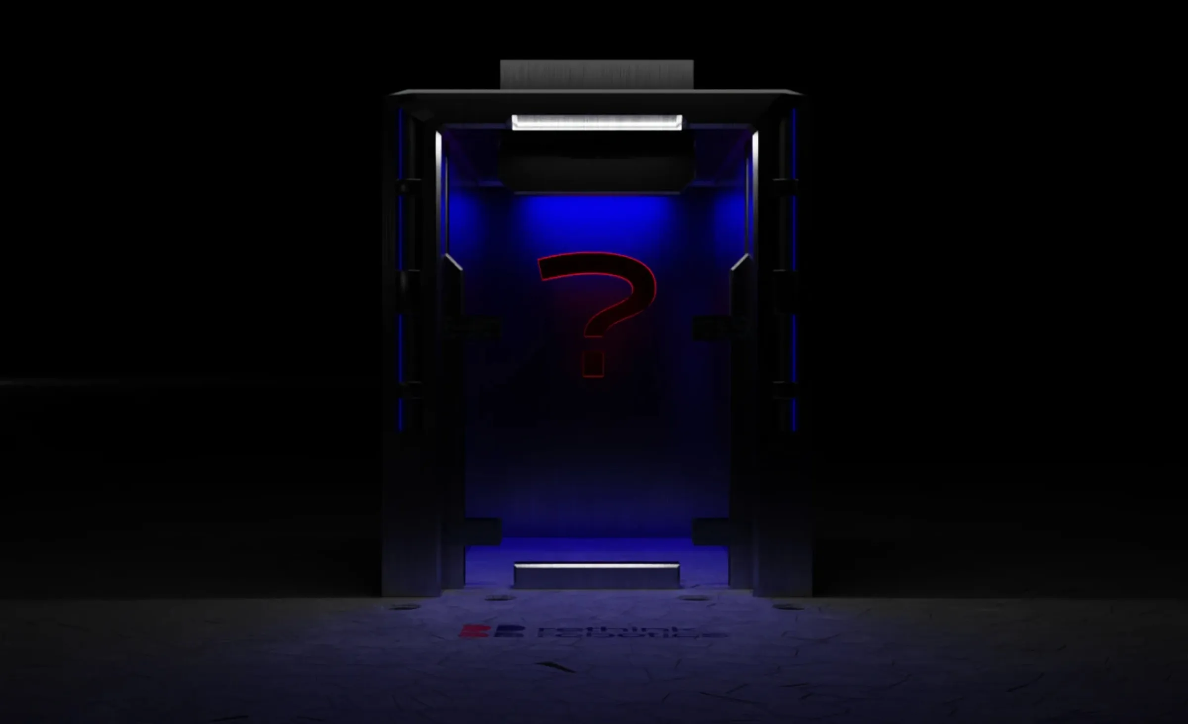 Rendering: die geöffnete Box, innen ein rotes Fragezeichen im blauen Licht
