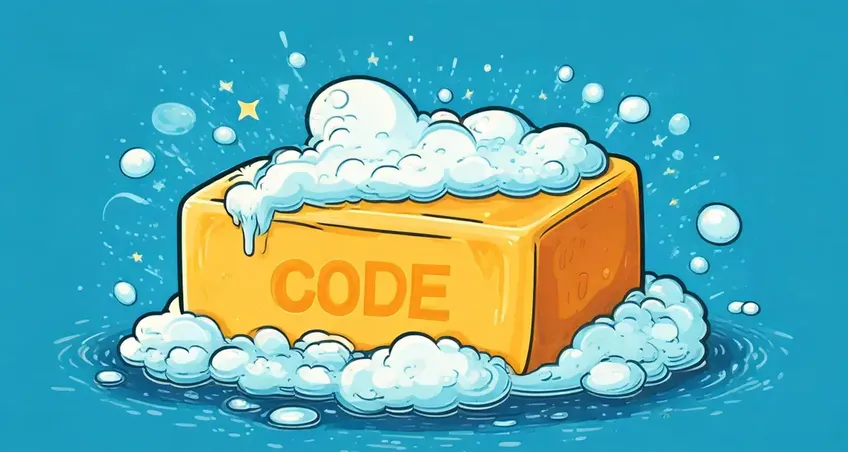 Illustration: ein gelbes Stück Seife mit der Aufschrift „Code“ in Schaum – sauberer Code als Basis für digitales Branding