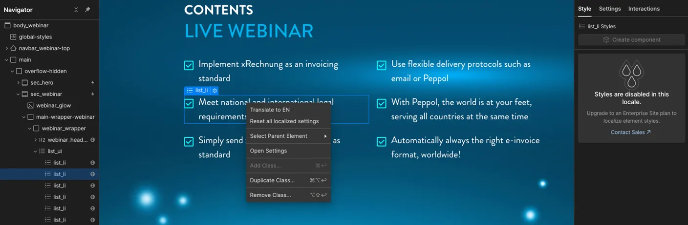 Screenshot of the Webflow Designer with the context menu "Translate to EN" on a text element