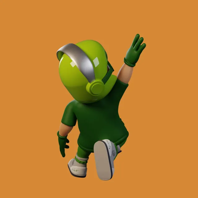 Mio from behind, his arm raised to wave, on orange