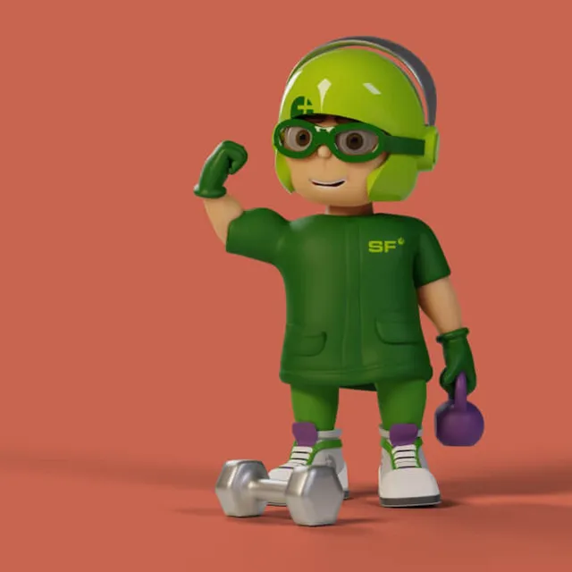 Mio flexes his biceps, a dumbbell and a kettlebell beside him