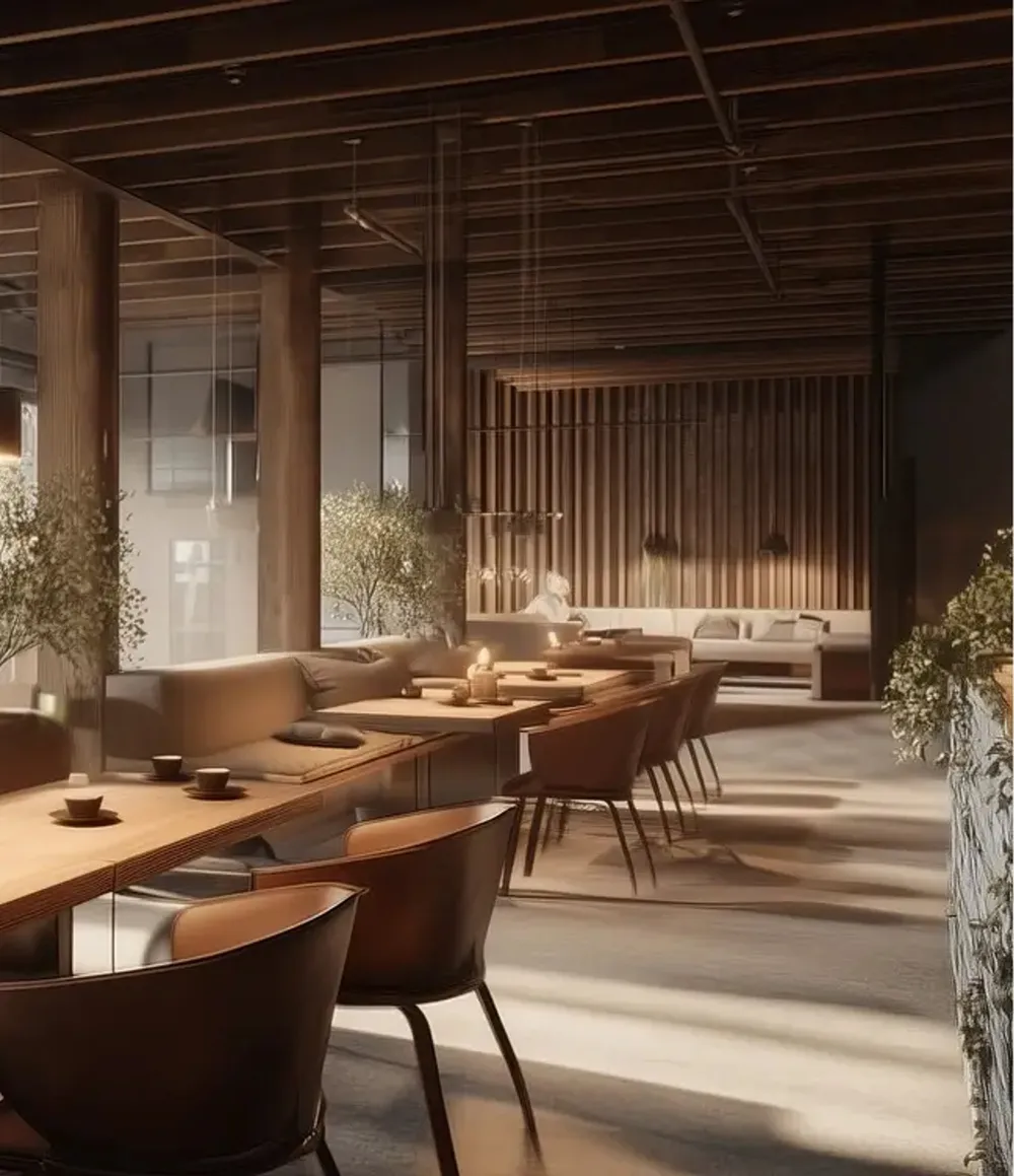 Visualization of the restaurant interior with wooden slats, long tables and plants