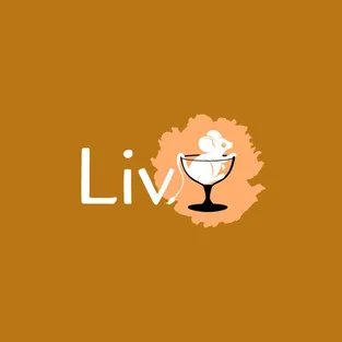 Logo variant for the Liv Dining Club: white “Liv” wordmark next to a cocktail glass on a speckled orange shape, on golden brown