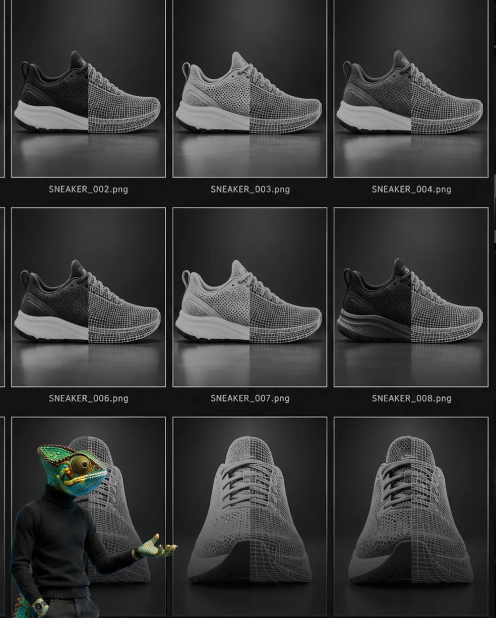 WAGEMUT-Chamäleon vor einer Übersicht gerenderter Sneaker-Varianten in verschiedenen Farben und Ansichten