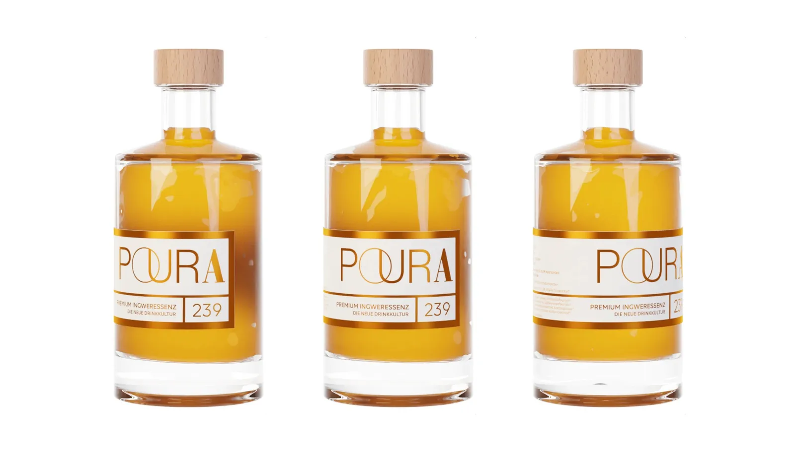 The same bottle in three rotations side by side on white