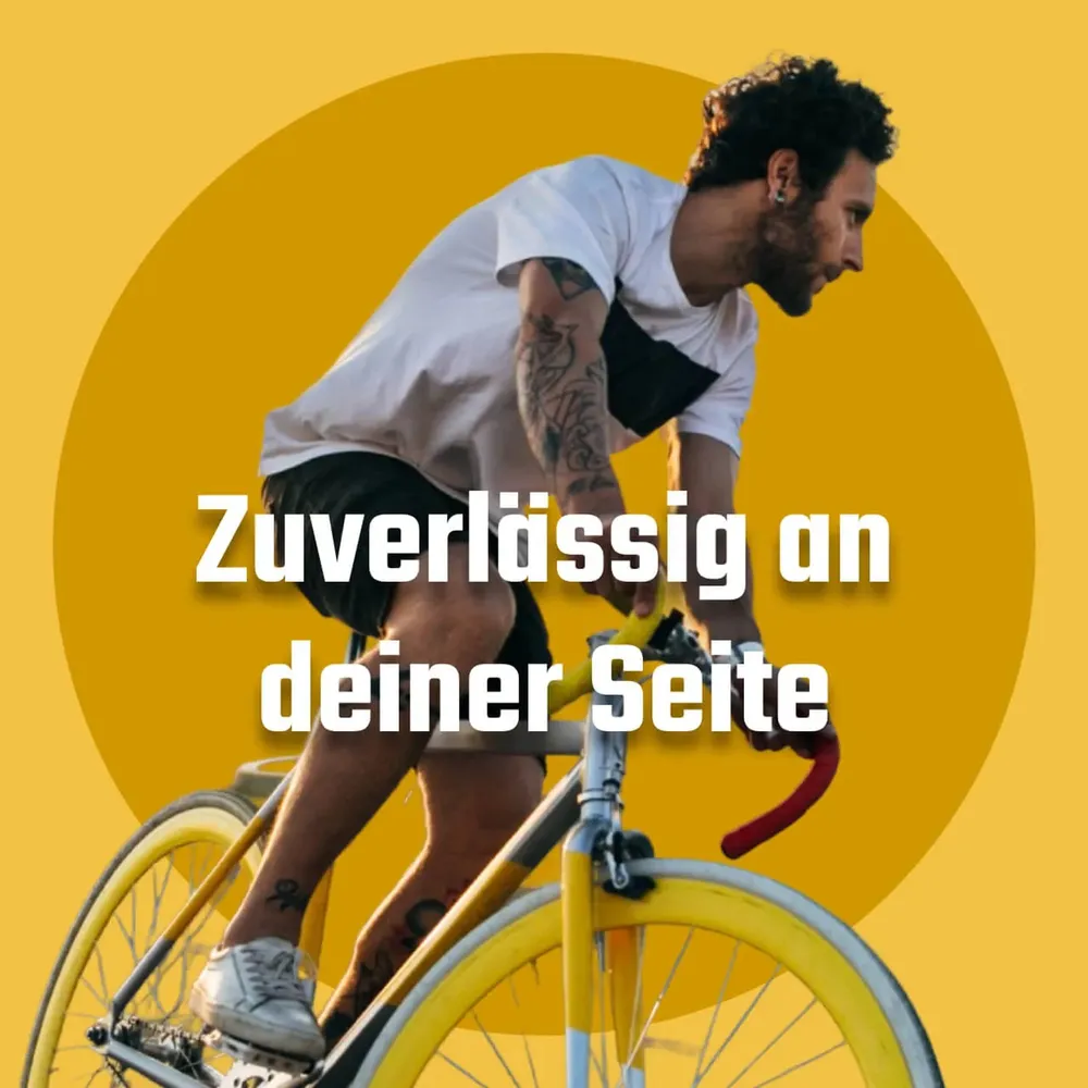 Image “Reliably at your side”: a cyclist on a yellow circle