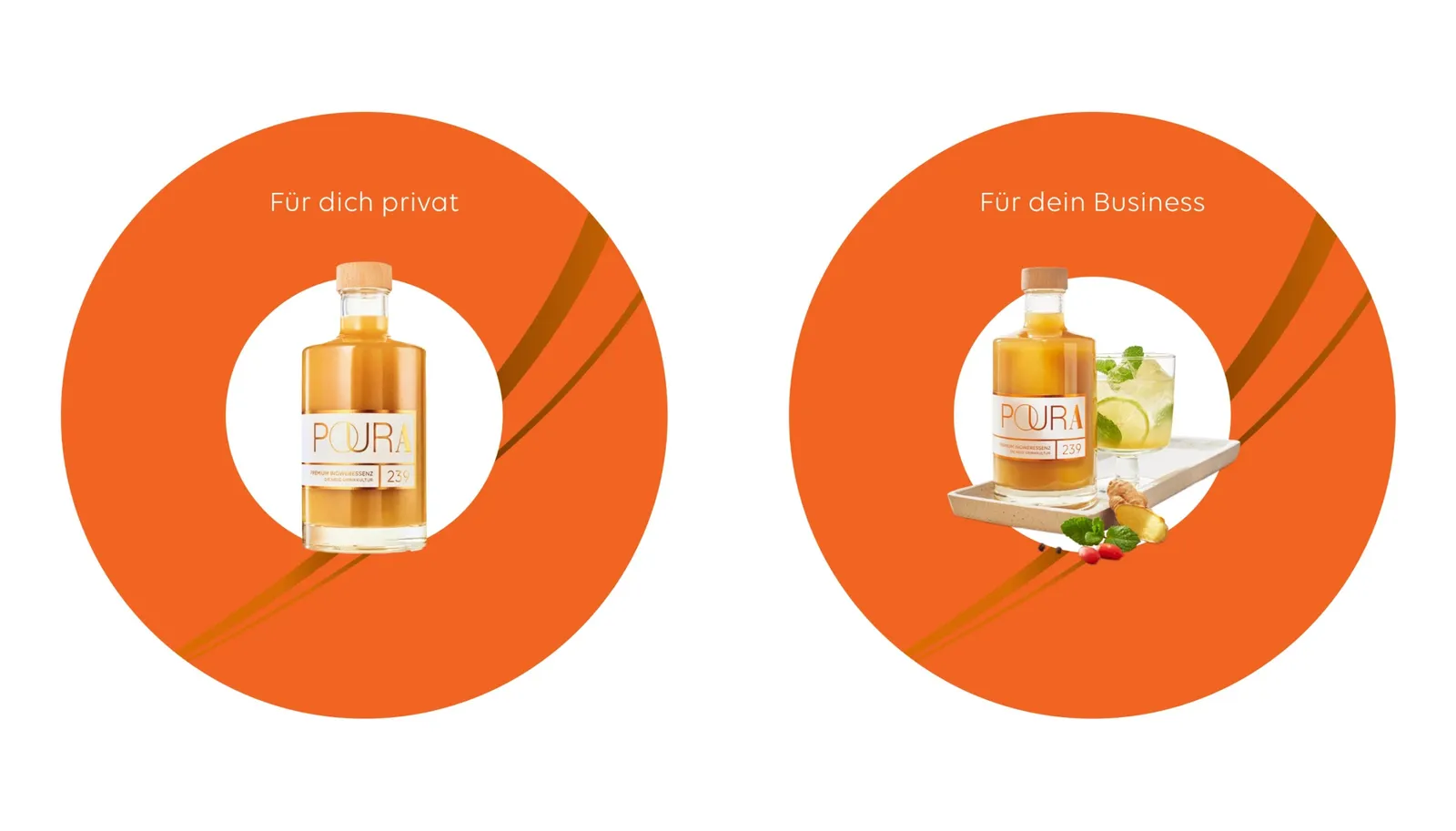 Two orange circles with the entry points “For you privately” and “For your business”