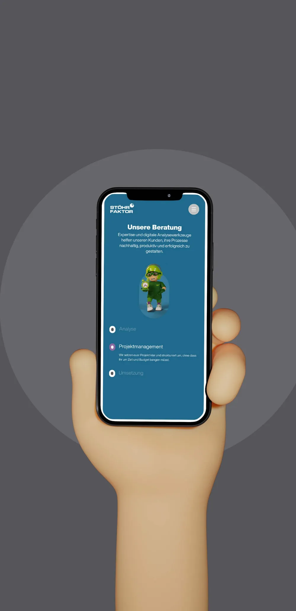 The same hand with the “Our consulting” page in blue