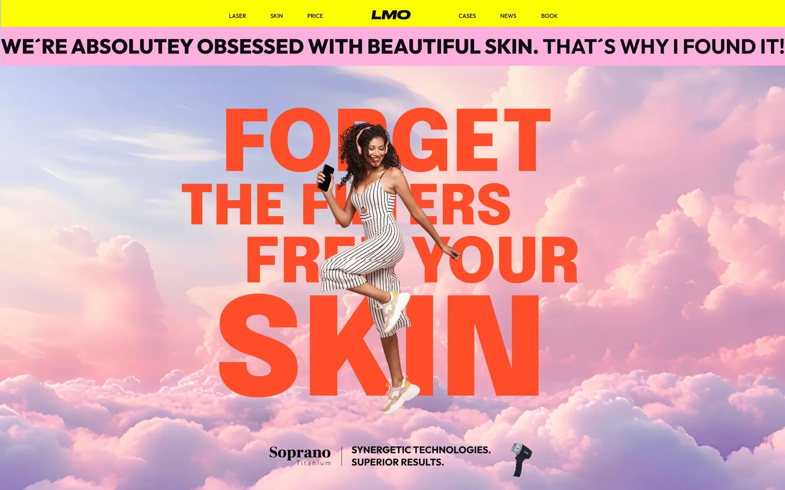 Homepage draft with a pink cloudy sky, a yellow navigation bar and the line “Forget the filters, free your skin”