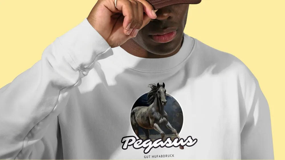 A sweatshirt with the “Pegasus” design shown from every side
