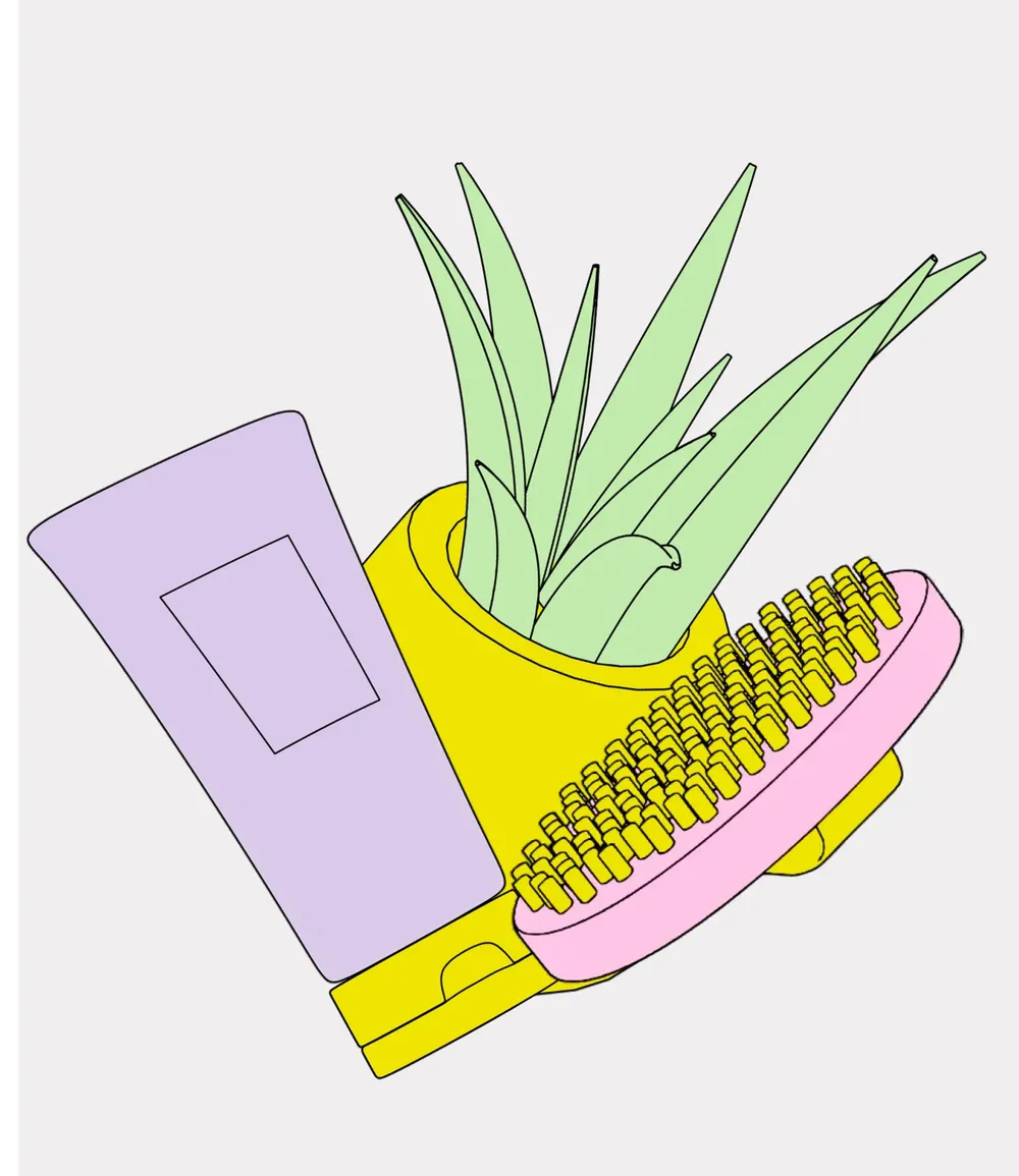 Tube, aloe vera pot and brush as a line art group