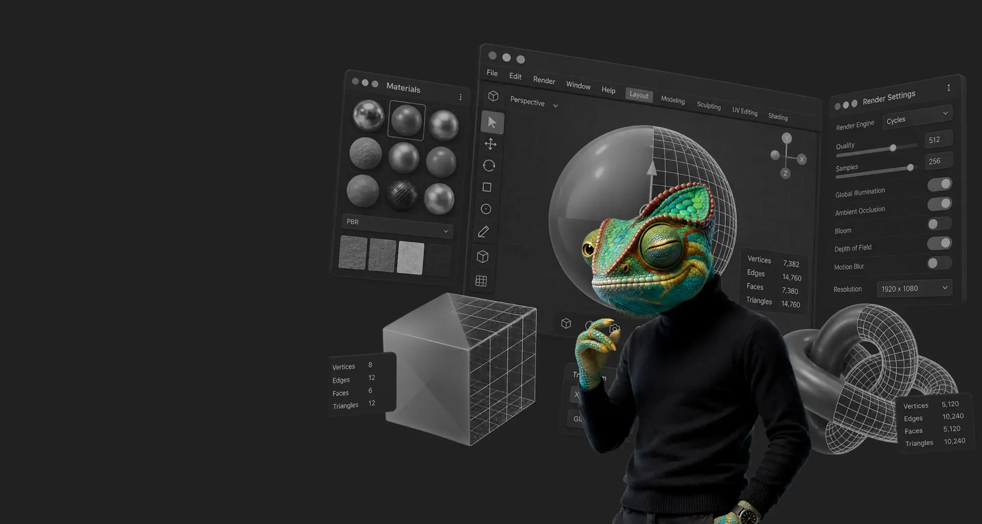 WAGEMUT-Chamäleon vor einer 3D-Modellierungsoberfläche mit Drahtgitter-Würfel, Kugel und Material-Vorschau