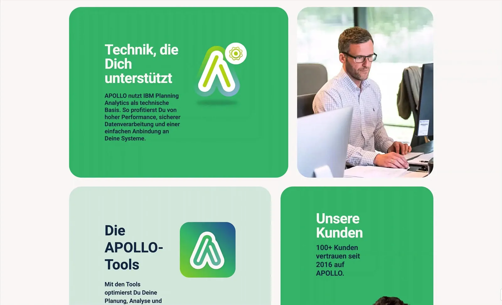 Scroll across green content blocks covering technology, APOLLO tools and customer voices