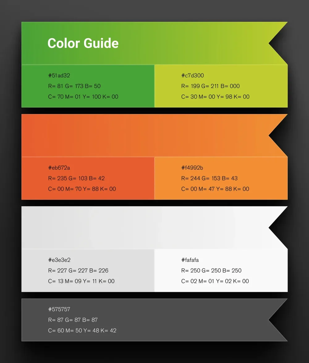 The color guide: two greens, two oranges, two grays with HEX, RGB and CMYK values