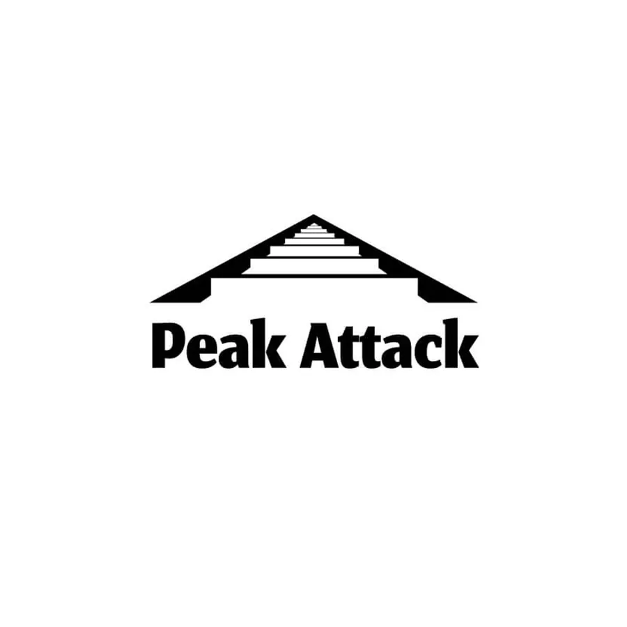 Logo draft: a stylized mountain range with steps above the wordmark “Peak Attack”