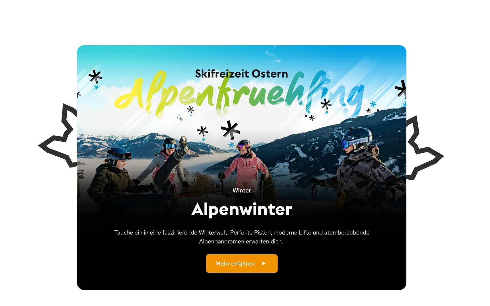 Card design “Alpenwinter” with skiers in the snow