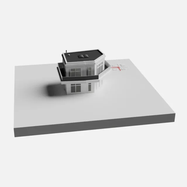 3D asset: a house with an extension on a white slab
