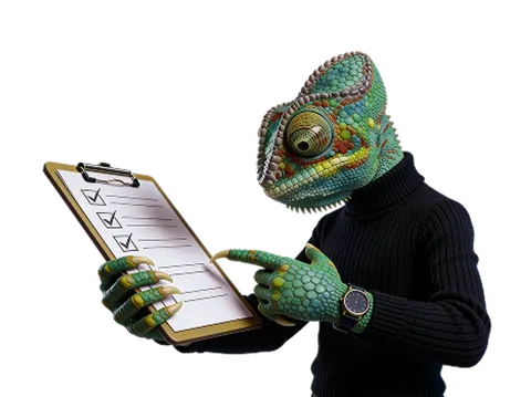 The WAGEMUT chameleon holding a clipboard