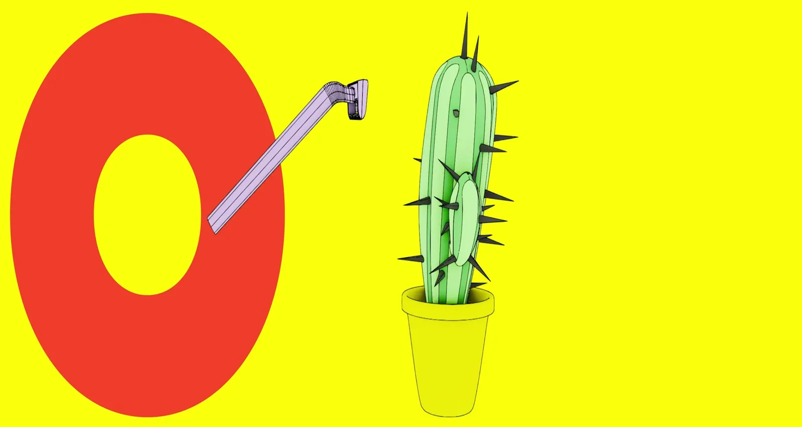 A razor runs over a potted cactus, the spines disappear
