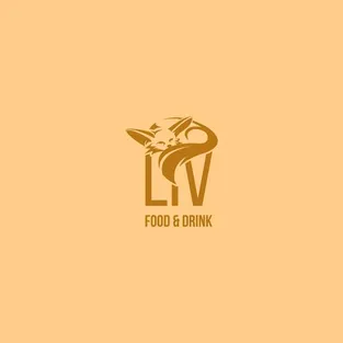 Logo variant for the Liv Dining Club: gold fox mark above the LIV wordmark, with “Food & Drink” below it, on light sand yellow
