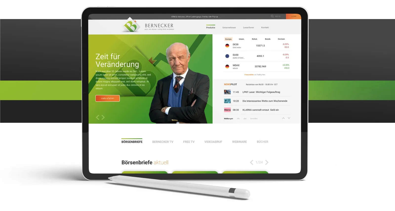 A tablet showing the new Bernecker homepage: green price chart, quote table and news ticker