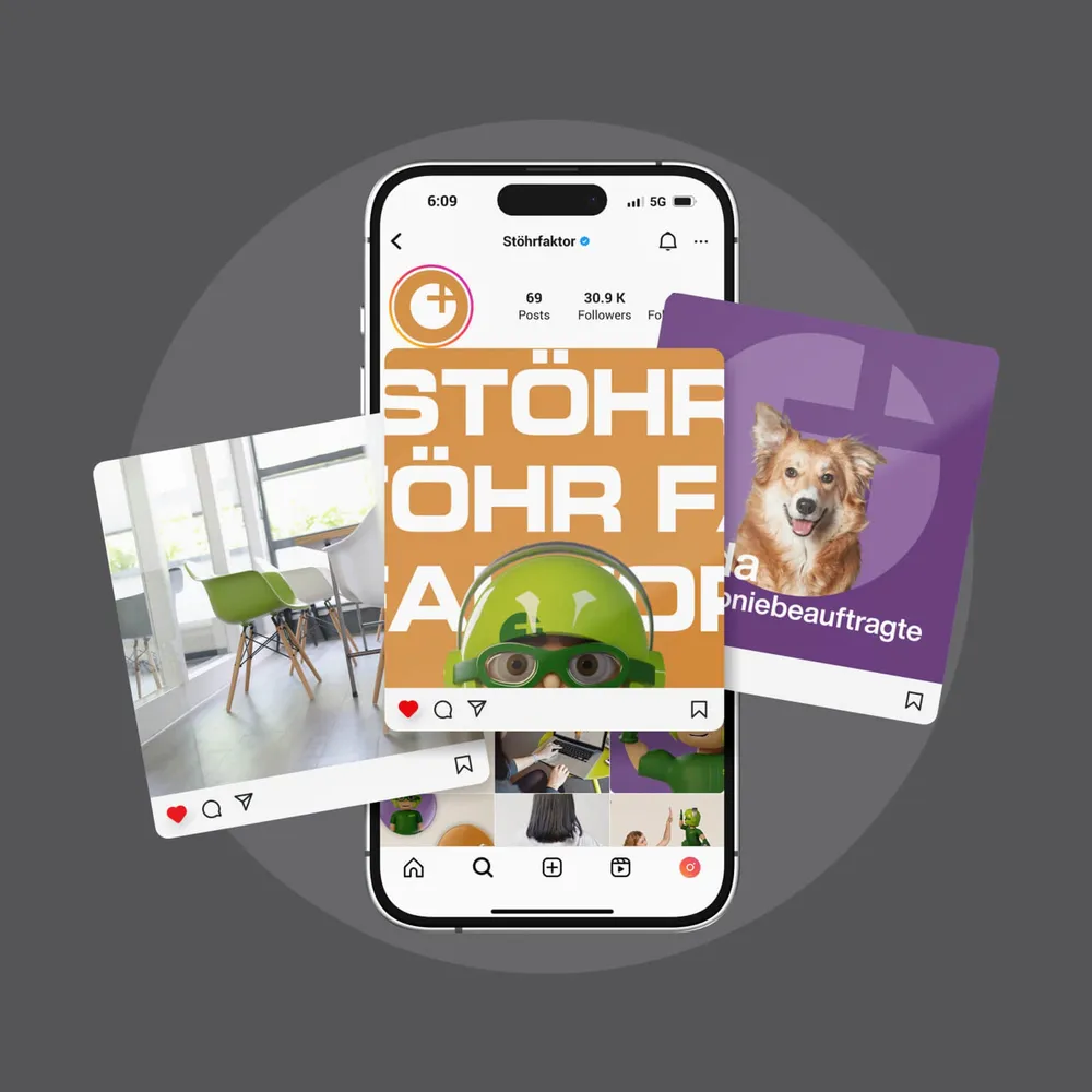Stöhr Faktor’s Instagram profile on a smartphone, two posts next to it