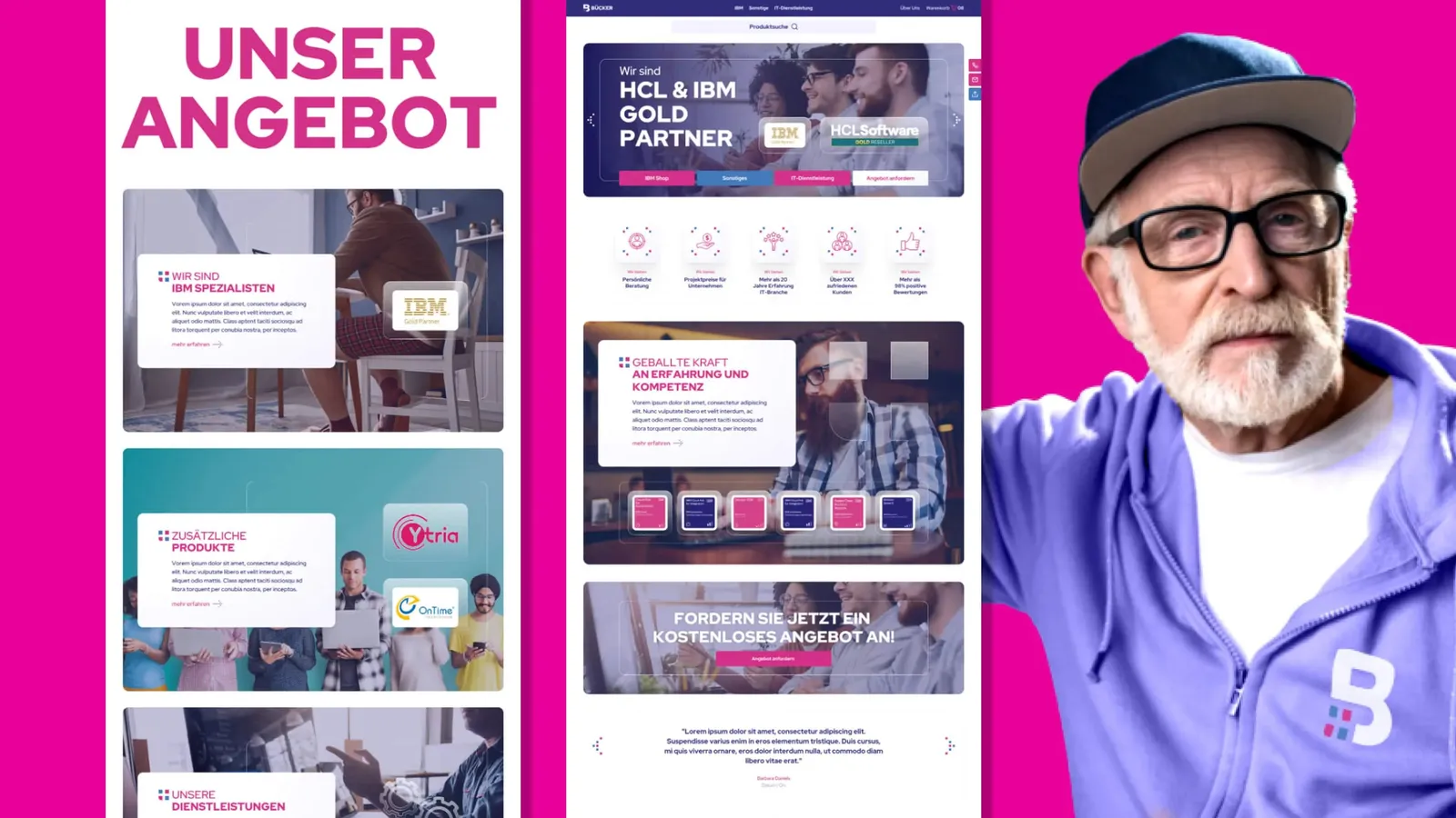 Several page layouts side by side, on the right an older gentleman in a cap, glasses and a purple jacket with the Bücker logo
