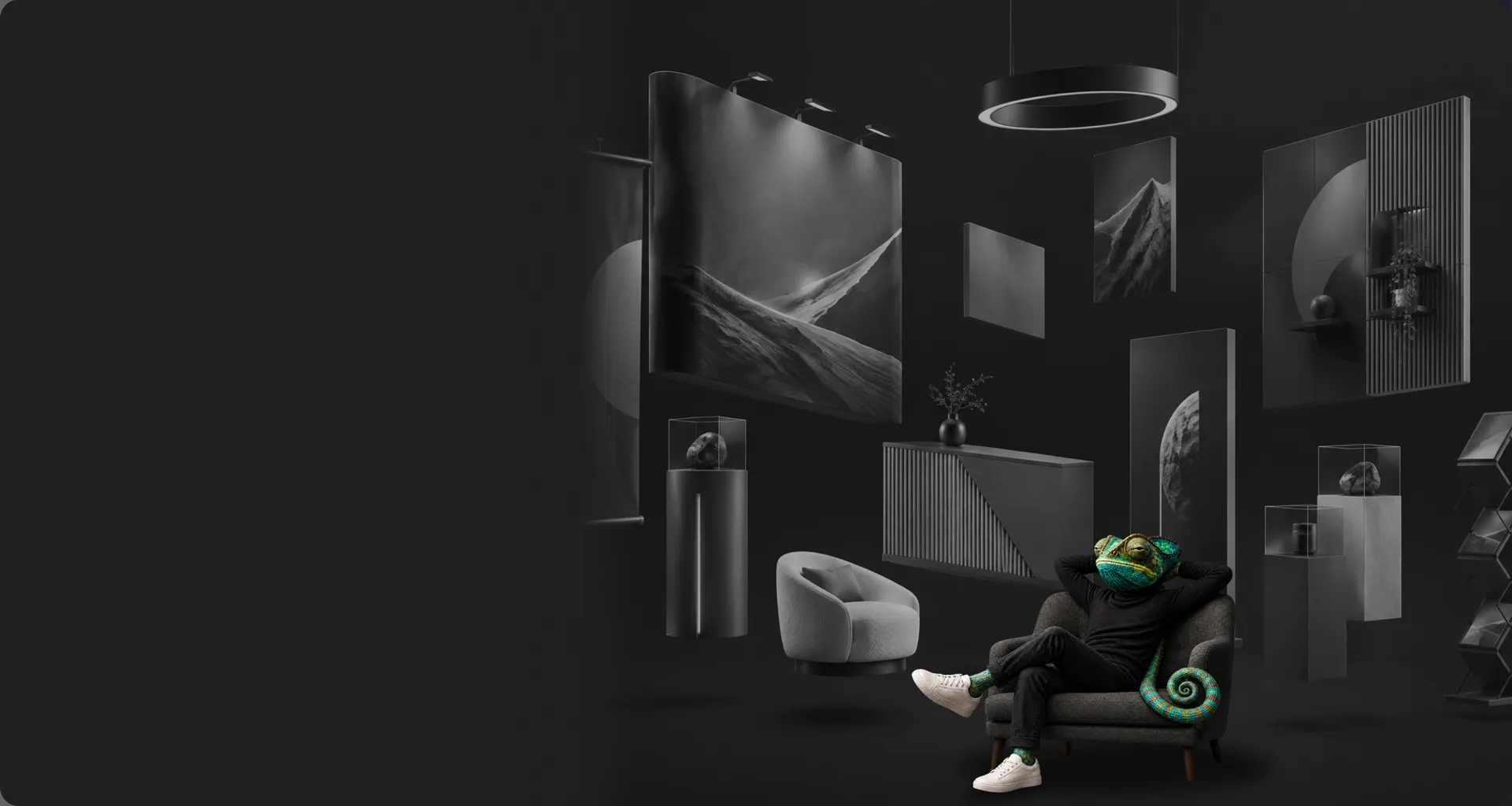 WAGEMUT chameleon relaxing in an armchair in a dark exhibition space with artworks, a pendant light and exhibits on plinths
